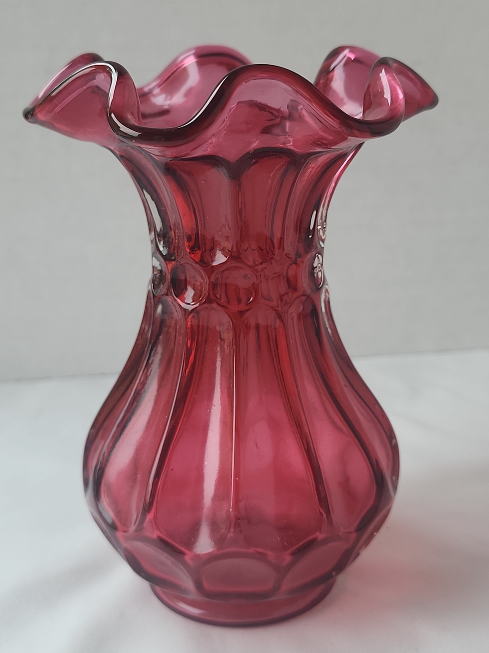 Vintage Fenton Cranberry Flute & Dot Ruffled Edge Vase 5 1/4” Tall Signed MCM